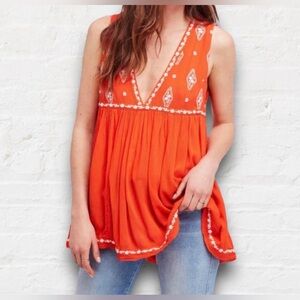 Free People Flame Combo Diamond Embroidered Orange Flowy Top Size Medium